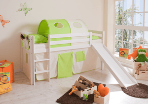 Letto a soppalco con scivolo per bambini MANUEL Pino bianco - Beige/Verde