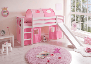 Letto a soppalco con scivolo per bambini MANUEL Pino bianco - Rosa/Pink