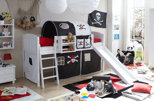 Letto a soppalco con scivolo per bambini EKKI Pino bianco country - Pirati - nero/bianco