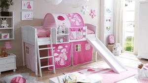 Letto a soppalco con scivolo per bambini EKKI Pino bianco country - Il cavallo magico - rosa