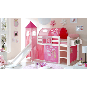 Glijbaanbed Kasper grenen wit met Toren Horse Pink