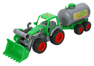 WADER Farmer Technic Traktor met shovel en vatenaanhanger