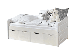 Lit enfant avec tiroirs de rangement Mini Micki hêtre blanc 4 tiroirs, matelas 80x160 cm