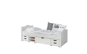 Lit simple enfant avec tiroirs de rangement Leni pin blanc, 4 tiroirs 100x200 cm