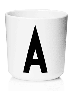 Verre enfant alphabet Vintage Arne Jacobsen mélamine blanc lettre A noir