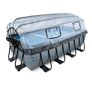 EXIT Frame Pool 4x2x1.22m (12v Sand filter) - Grå + Soltak + Värmepump