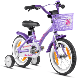 Kinderfiets 14'' vanaf 3 jaar met zijwieltjes in paars &amp; wit