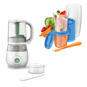 Philips  Preparador de alimentos para bebés 4 en 1 Vaporizador y batidora SCF885/01 en color verde que incluye el sistema de almacenamiento de alimentos para bebés SCF721/20