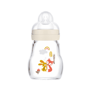 Glasflaske Feel Good blue 170 ml fra 0 måneder Bunny/Fox i beige