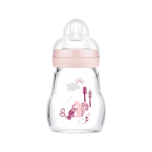 Glasflaska Feel Good blå 170 ml från 0 månader Fågel/ekorre i rosa