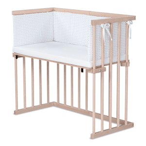 Beistellbett Buche natur | Matratze Prime | Nestchen, weiß Sternemix lichtgrau/silbergrau