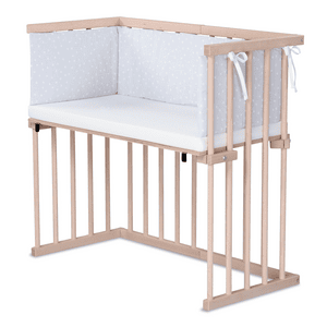 Beistellbett Buche natur | Matratze Prime | Nestchen lichtgrau Punkte weiß