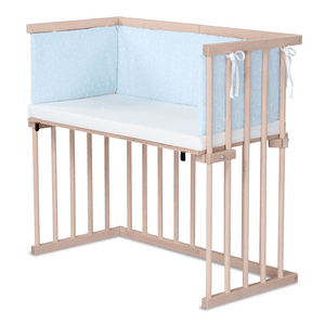Beistellbett Buche natur | Matratze Prime | Nestchen, himmelblau Punkte weiß
