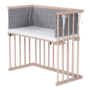 Beistellbett Buche natur | Matratze Prime | Nestchen, diamantgrau meliert Sterne weiß