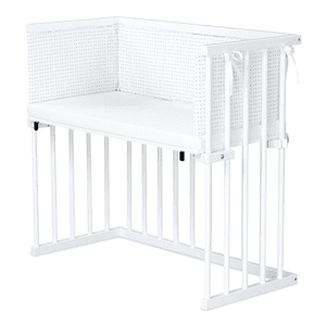 Beistellbett Buche weiß lackiert | Matratze Prime Air | Nestchen, weiß Sternemix lichtgrau/silbergrau