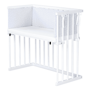 Beistellbett Buche weiß lackiert | Matratze Prime Air | Nestchen, lichtgrau Punkte weiß