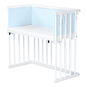 Beistellbett Buche weiß lackiert | Matratze Prime Air | Nestchen, himmelblau Punkte weiß