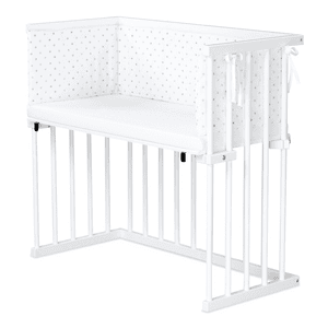 Beistellbett Buche weiß lackiert | Matratze Prime Air | Nestchen, off-white Sternemix caramel/platin