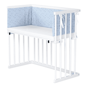 Beistellbett Buche weiß lackiert | Matratze Prime Air | Nestchen, horizontblau Sternemix weiß/saphirblau