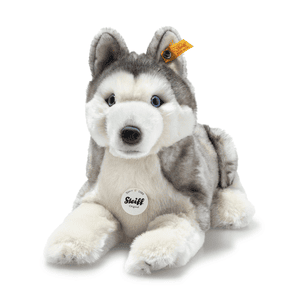 Husky Bernie šedý/bílý ležící, 33 cm