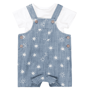 Spodnie ogrodniczki + Body niebieski denim wzorzysty