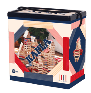 Jeu de construction briques bois rose/rouge/bleu foncé, 120 pièces