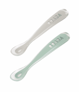 Cuillère bébé 2e âge silicone gris velours/vert sauge lot de 2
