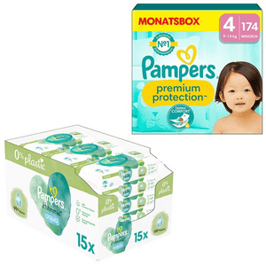 Pañales Set Premium Protection T4 Maxi 9-14kg (174 pañales) y toallitas húmedas Aqua 720 toallitas (15 x 48 unidades)