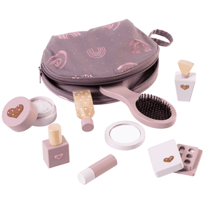 Set da trucco per bambini con pochette, 8 accessori in legno e adesivi a forma di cuore