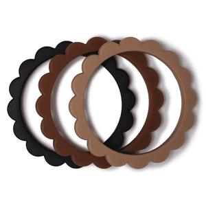 Bijtring bloem armband, Black / Natural /karamel, 3 stuks