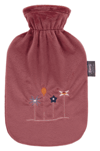 Warmwaterkruik 2L met fleece hoes en borduursel, bordeaux