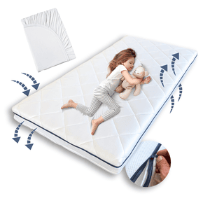 Colchón infantil AERO PLUS con bandas de ventilación de 10 cm de altura, colchón para bebé 80x160 blanco con sábana bajera