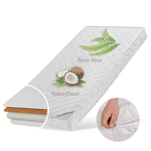 Materasso lettino neonato 60 x 120 cm KOKOS con rivestimento trapuntato in aloe vera alto 10 cm bianco senza lenzuola