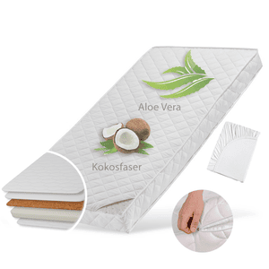 Materasso lettino neonato 60 x 120 cm KOKOS con rivestimento trapuntato in aloe vera alto 10 cm bianco con lenzuolo