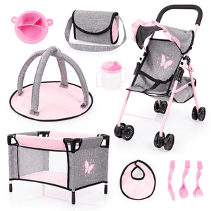 Design Buggyset voor poppen met reiswieg, speelboog en accessoires