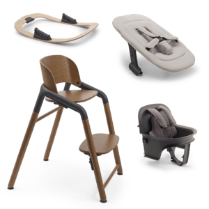 Hochstuhl Giraffe Basis Warm Wood/Grey mit Wippengestell, Neugeborenenset und Babyset Giraffe