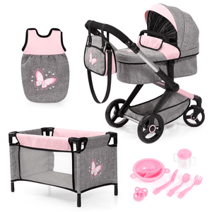 Design Carrozzina per bambole combinata Xeo Mega Set, grigio/rosa