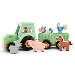 Traktor mit Anhänger und 5 Tieren, pastell