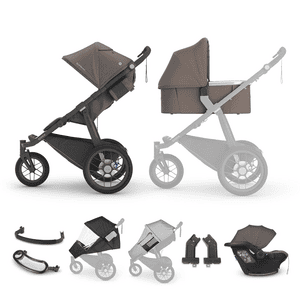 passeggino Ridge Theo Dark Taupe incl. seggiolino auto Mesa i-Size Jordan Greyson Charcoal e navicella V3 Theo Dark Taupe con accessori