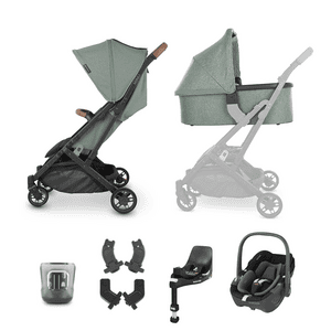 buggy Minu V2 Gwen Green Mélange incl. navicella, seggiolino auto MAXI COSI Pebble 360 Essential Black e base FamilyFix 360 con accessori