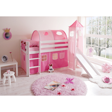TiCAA Lit toboggan mezzanine enfant Kasper pin blanc rose/rose vif, tour 90x200 cm