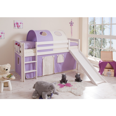 TICAA Letto a soppalco con scivolo per bambini MANUEL Pino bianco - Lila/Beige