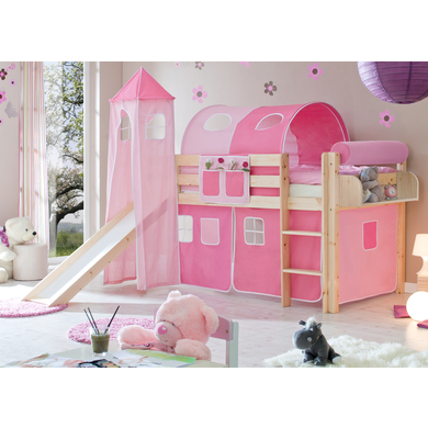 TiCAA Lit toboggan mezzanine enfant Kasper pin naturel rose/rose vif, tour... 90x200 cm