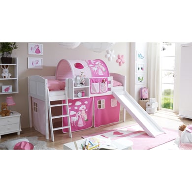 Image of TICAA Letto a soppalco con scivolo per bambini EKKI Pino bianco country - Il cavallo magico - rosa059