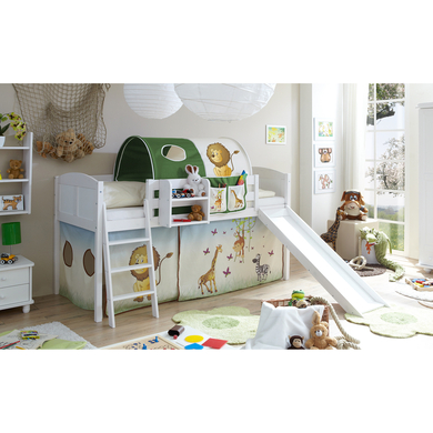 TiCAA Lit toboggan mezzanine enfant Ekki Country pin blanc Safari vert 90x200 cm