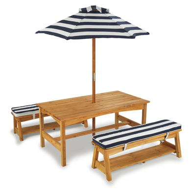 Levně Kidkraft ® Dětská zahradní souprava s lavičkami, polštáři a slunečníkem, marine modrá