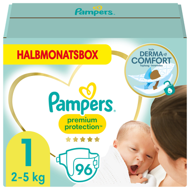 Pampers Couches Premium Protection New Baby T.1 newborn 2-5 kg pack semi-mensuel, 96 pièces