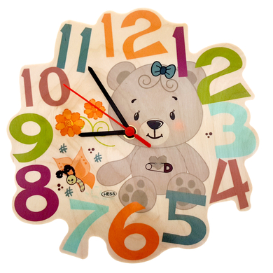 HESS Horloge murale enfant quartz ours bois naturel