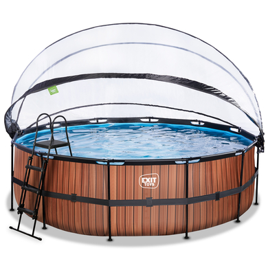 Levně Bazén EXIT Wood ø450x122cm s krytem, Sand filtrem a tepelným čerpadlem, hnědý