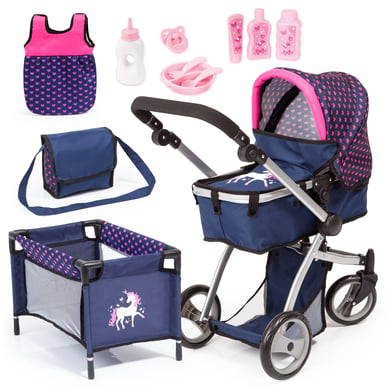 bayer Design Cochecito de muñecas Mega Set, azul con corazones y unicornio